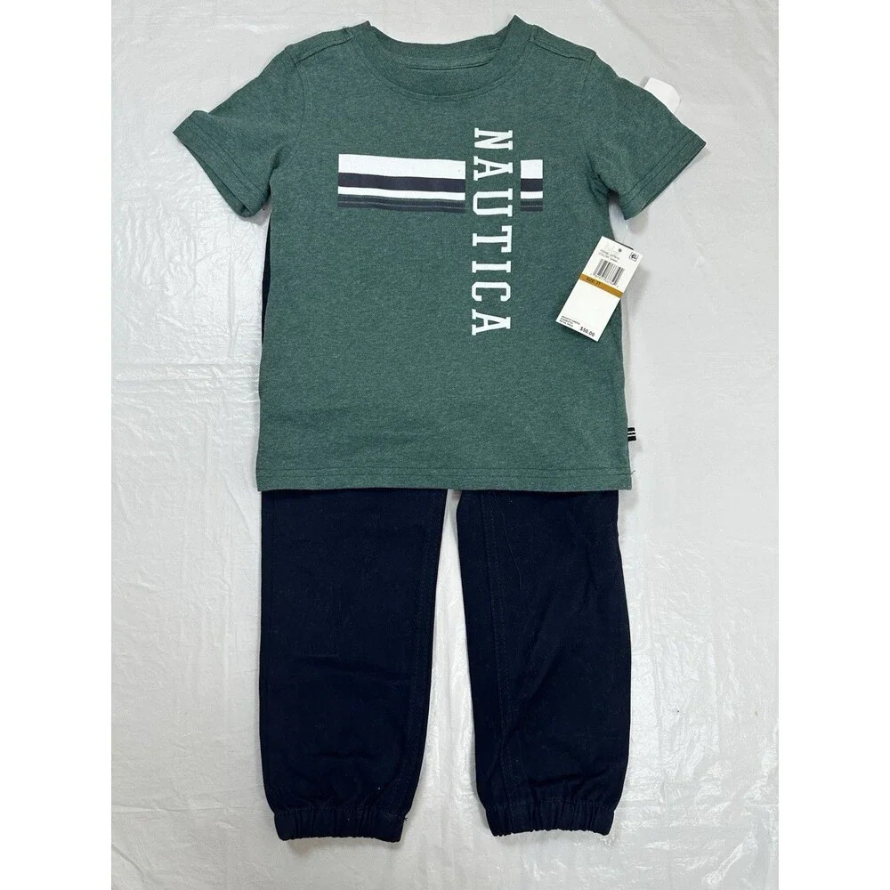 Nautica Boys T Shirt Jogger Pants Set 3T Navy Blue Khaki NWT Graphic Logo